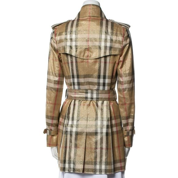 BURBERRY GOLD SHIMMER METALLIC CHECK PLAID TRENCH COAT - Picture 2 of 16